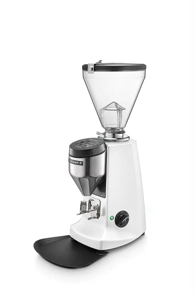 Voltage Coffee Supply™ Mazzer Super Jolly V Up Electronic espresso grinder in white, three quarter front view with hopper and portafilter fork
