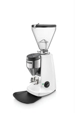 Voltage Coffee Supply™ Mazzer Super Jolly V Up Electronic espresso grinder in white, three quarter front view with hopper and portafilter fork