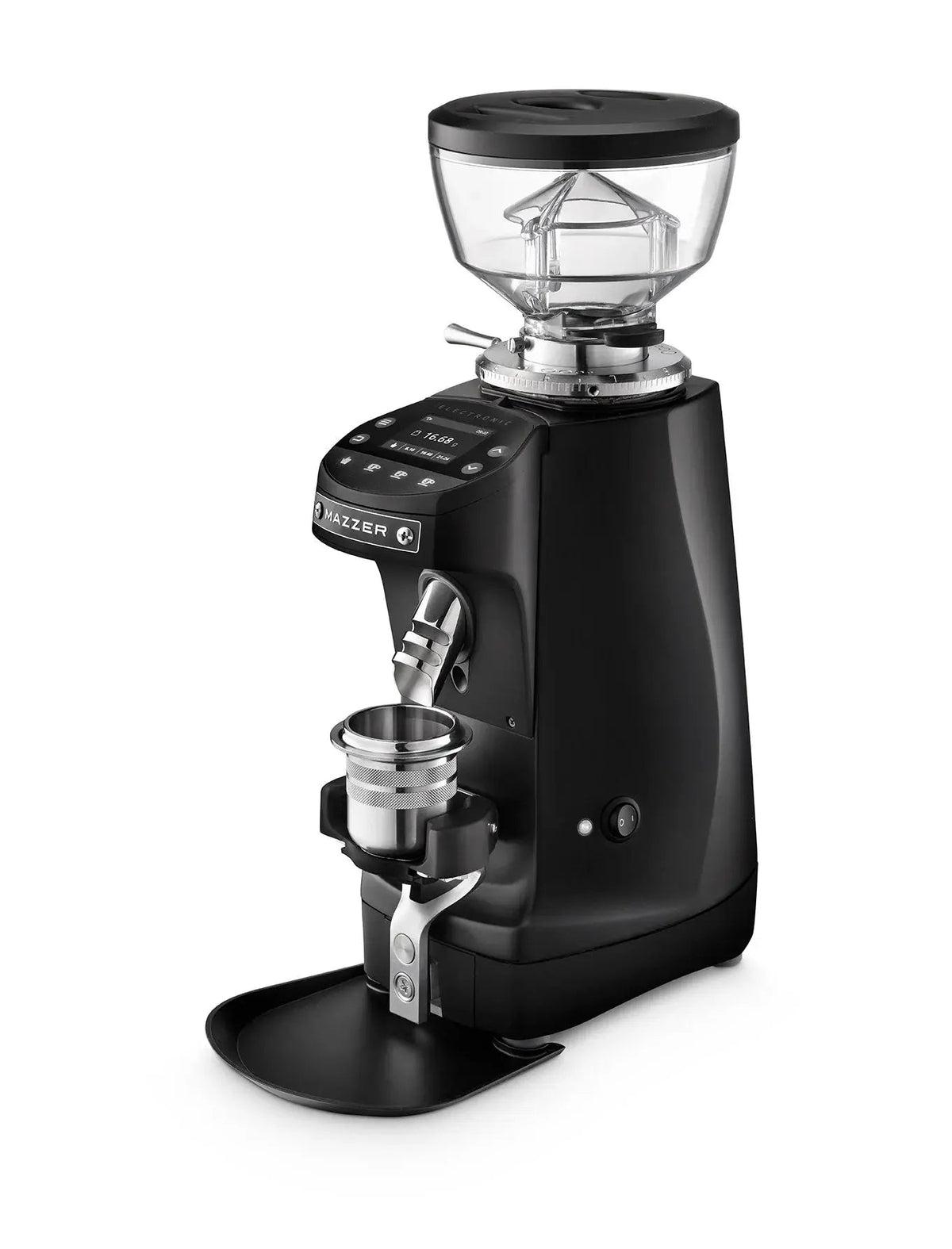 Mazzer Mini G grind-by-weight espresso grinder, black, front view