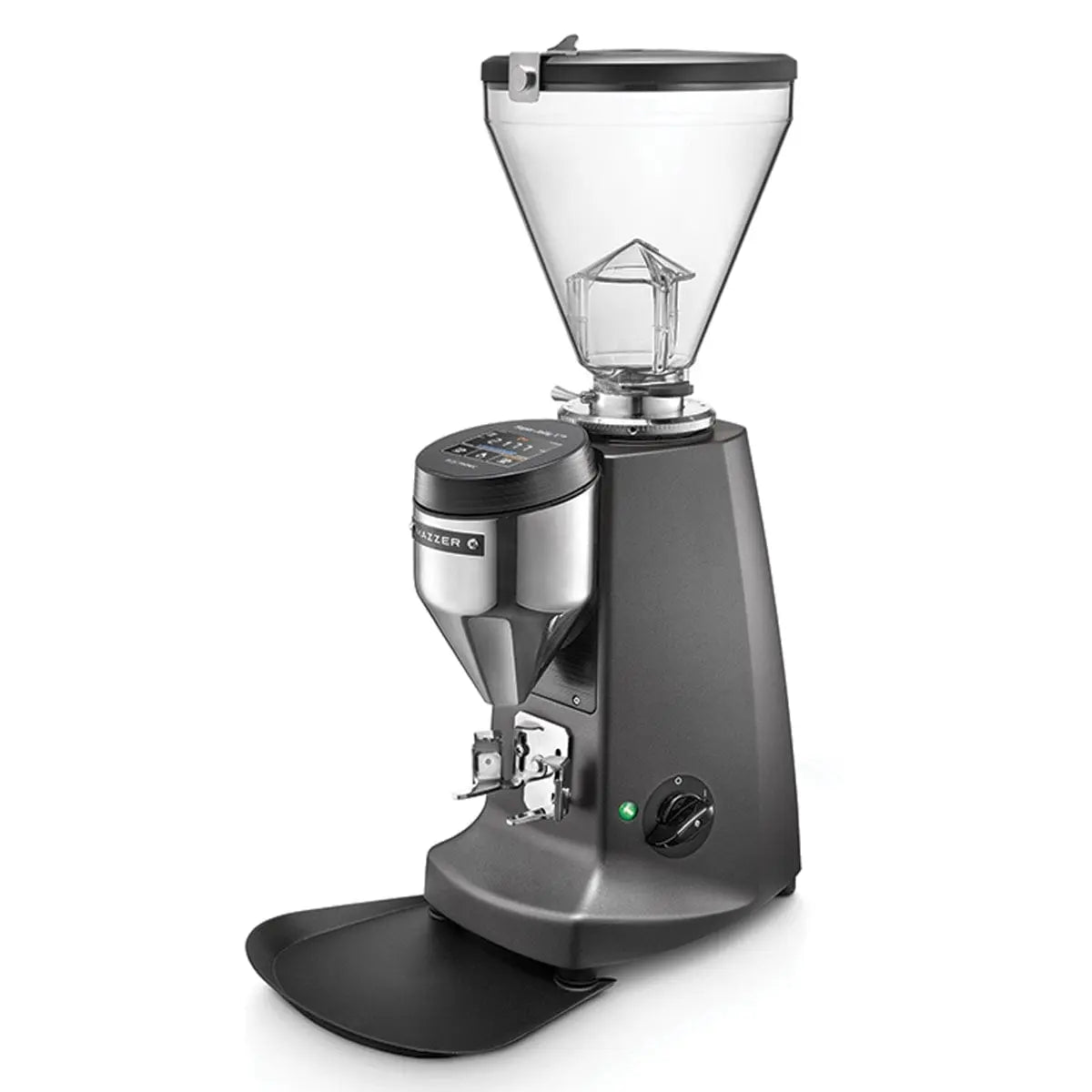 Voltage Coffee Supply™ Mazzer Super Jolly V Up Electronic espresso grinder in black, three quarter front view with hopper and portafilter fork