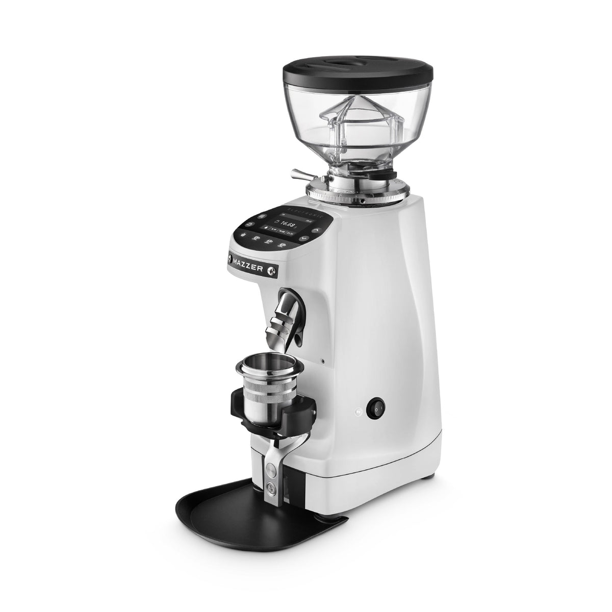 Mazzer Mini G grind-by-weight espresso grinder, white, front right view